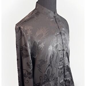 Traditional Chinese Black Dragon Shirt Tang Mens XL‎ Long Sleeve Pocket Mandarin